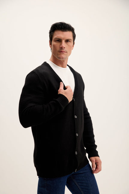 Men's Ribbed V-Neck Cardigan - Black | Ron Tomson