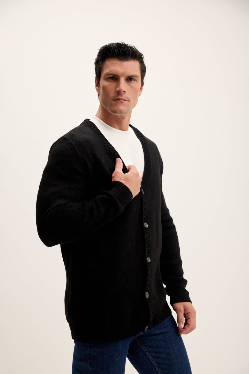 Men's Ribbed V-Neck Cardigan - Black | Ron Tomson