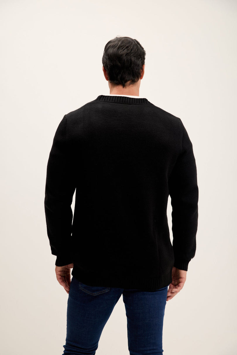 Men's Ribbed V-Neck Cardigan - Black | Ron Tomson