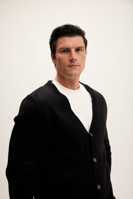 Men's Ribbed V-Neck Cardigan - Black | Ron Tomson