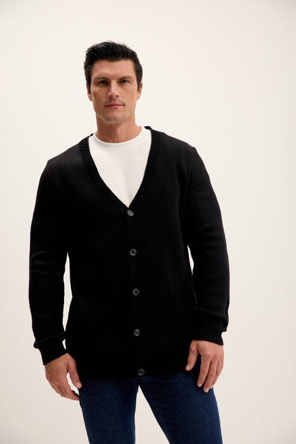 Men's Ribbed V-Neck Cardigan - Black | Ron Tomson