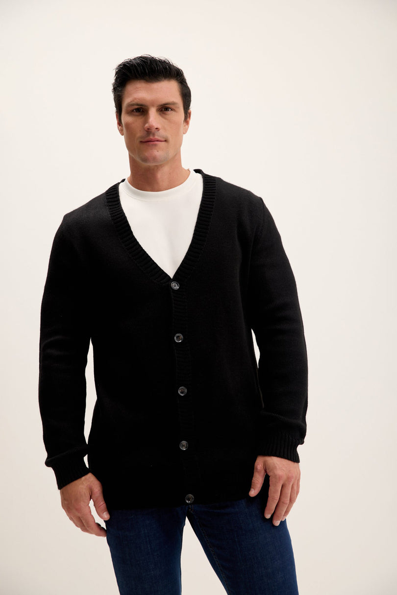 Men's Ribbed V-Neck Cardigan - Black | Ron Tomson
