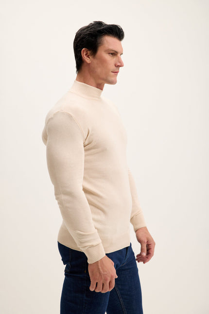Men's Mock-Neck Cotton Sweater - Beige | Ron Tomson