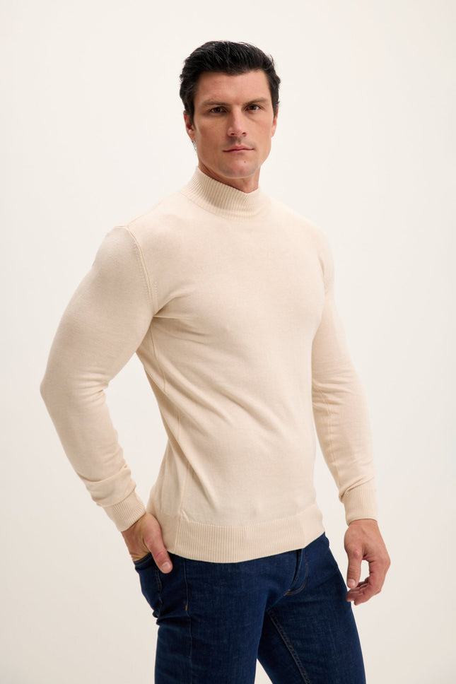 Men's Mock-Neck Cotton Sweater - Beige | Ron Tomson