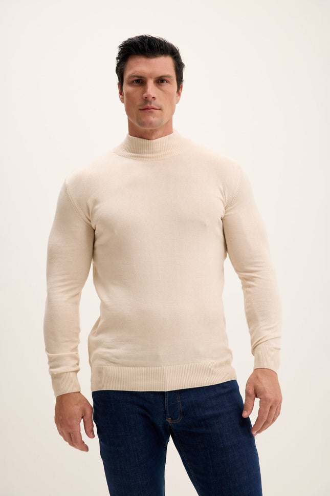 Men's Mock-Neck Cotton Sweater - Beige | Ron Tomson