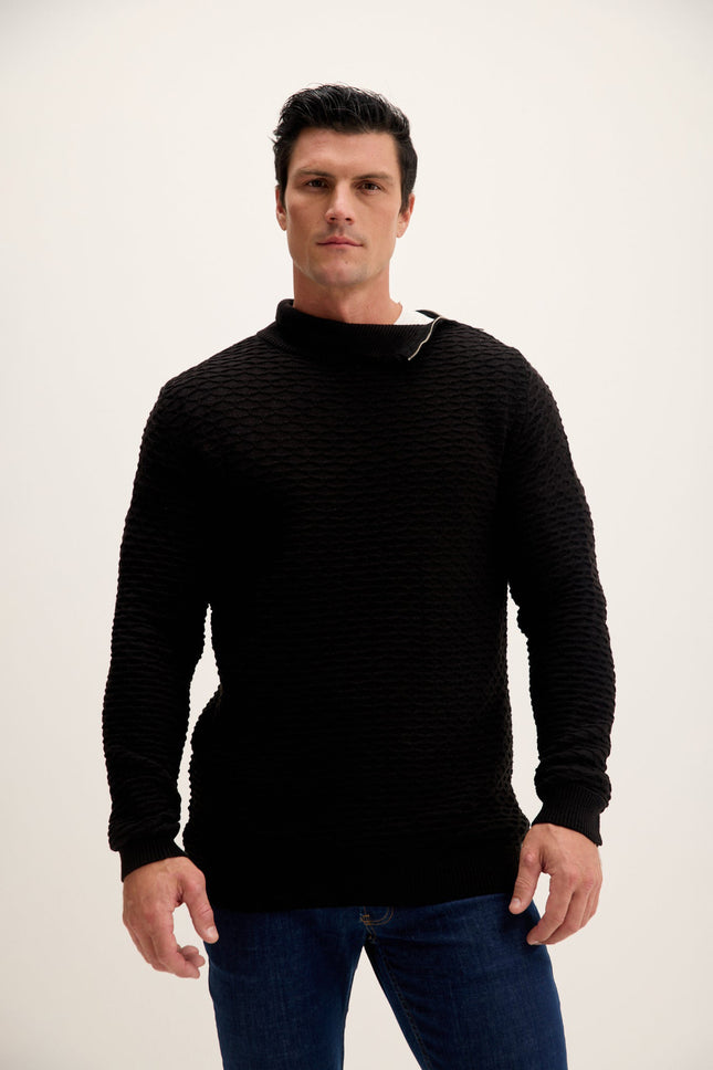 Men's Honeycomb Quarter-Zip Sweater - Black | Ron Tomson