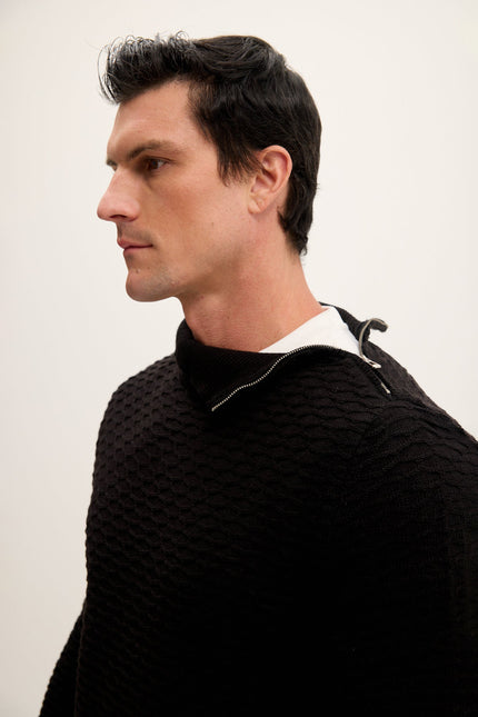 Men's Honeycomb Quarter-Zip Sweater - Black | Ron Tomson