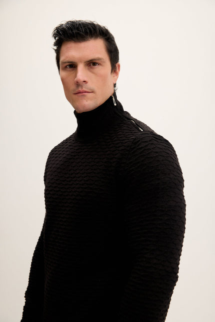 Men's Honeycomb Quarter-Zip Sweater - Black | Ron Tomson