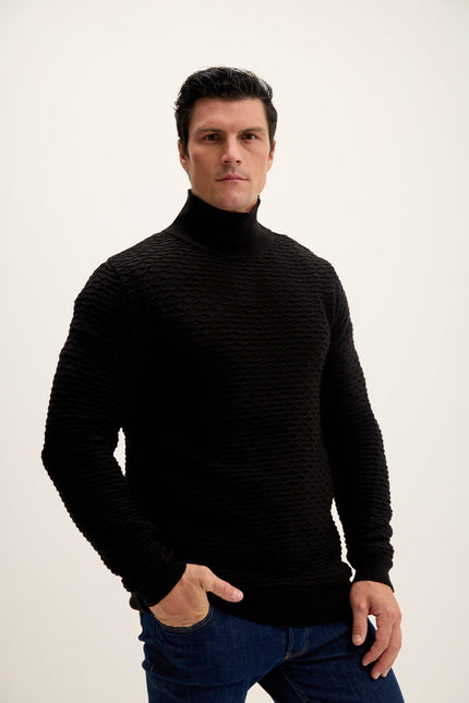 Men's Honeycomb Quarter-Zip Sweater - Black | Ron Tomson