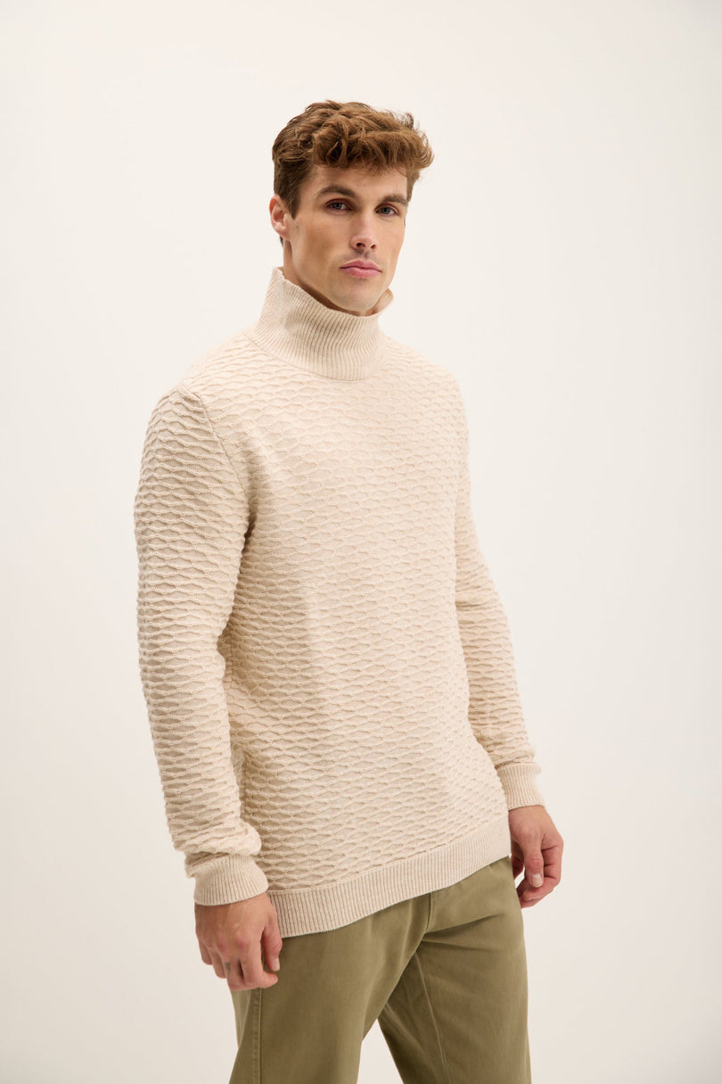 Men's Quarter-Zip Honeycomb Sweater - Beige | Ron Tomson