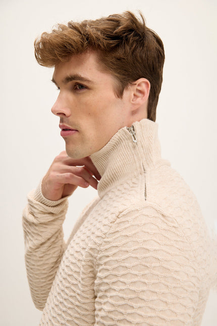 Men's Quarter-Zip Honeycomb Sweater - Beige | Ron Tomson