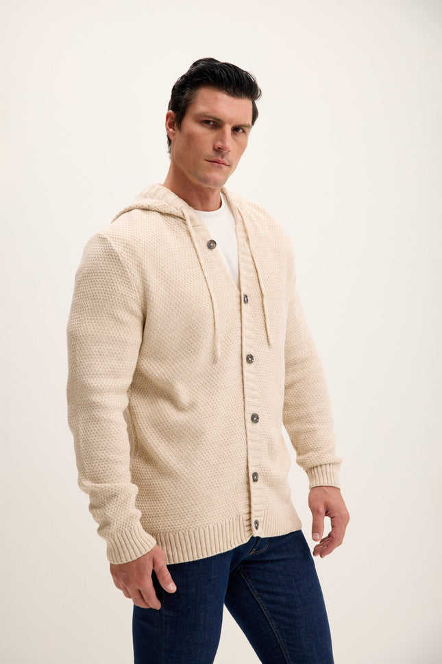 Men's Hooded Waffle Knit Cardigan - Beige | Ron Tomson