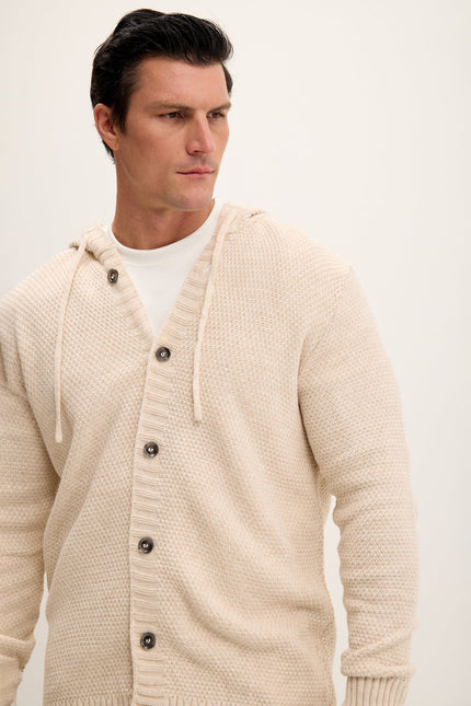 Men's Hooded Waffle Knit Cardigan - Beige | Ron Tomson