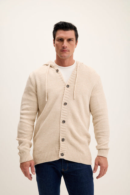 Men's Hooded Waffle Knit Cardigan - Beige | Ron Tomson