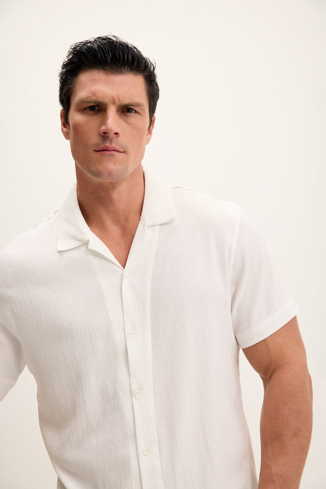 Men's Tailored Camp-Collar Shirt - White | Ron Tomson