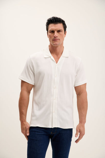 Men's Tailored Camp-Collar Shirt - White | Ron Tomson