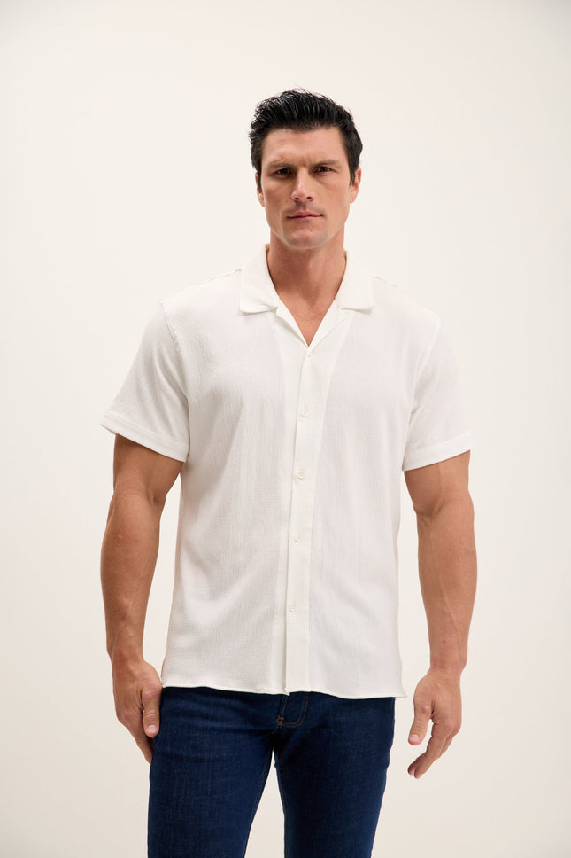 Men's Tailored Camp-Collar Shirt - White | Ron Tomson