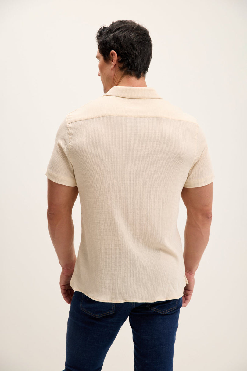 Men's Lightweight Camp Collar Shirt - Beige | Ron Tomson