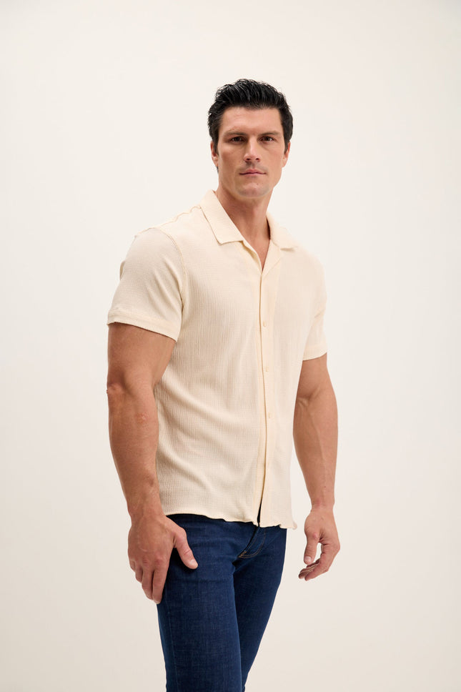 Men's Lightweight Camp Collar Shirt - Beige | Ron Tomson