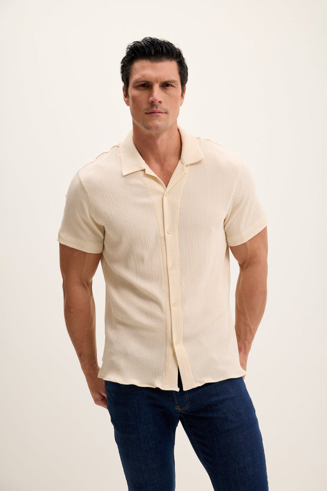 Men's Lightweight Camp Collar Shirt - Beige | Ron Tomson