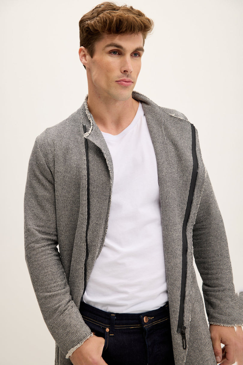 Men's Long Full-Zip Cardigan - Grey | Ron Tomson