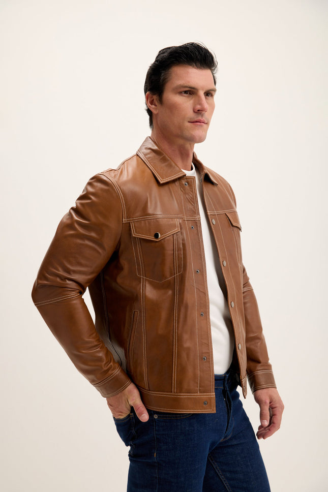 Men's Nappa Lambskin Shirt Jacket - Brown | Ron Tomson