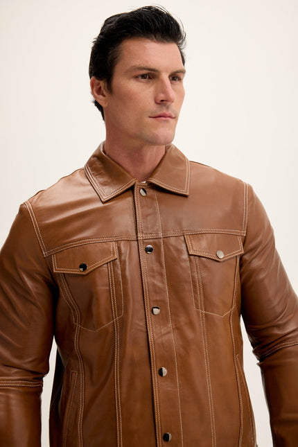 Men's Nappa Lambskin Shirt Jacket - Brown | Ron Tomson