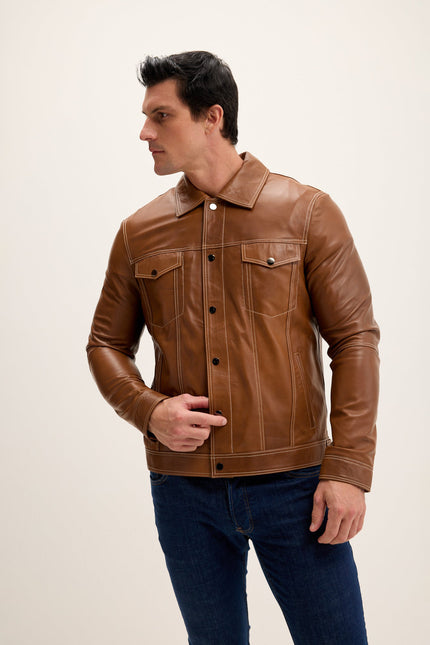 Men's Nappa Lambskin Shirt Jacket - Brown | Ron Tomson