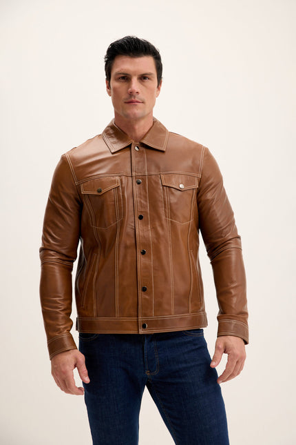 Men's Nappa Lambskin Shirt Jacket - Brown | Ron Tomson