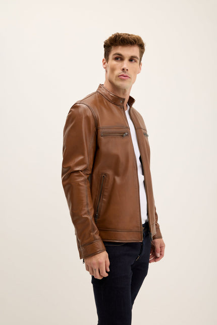 Men's Mandarin Collar Leather Motorcycle Jacket - Brown Tint | Ron Tomson