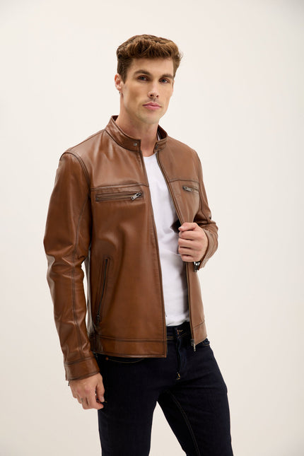 Men's Mandarin Collar Leather Motorcycle Jacket - Brown Tint | Ron Tomson