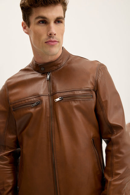Men's Mandarin Collar Leather Motorcycle Jacket - Brown Tint | Ron Tomson