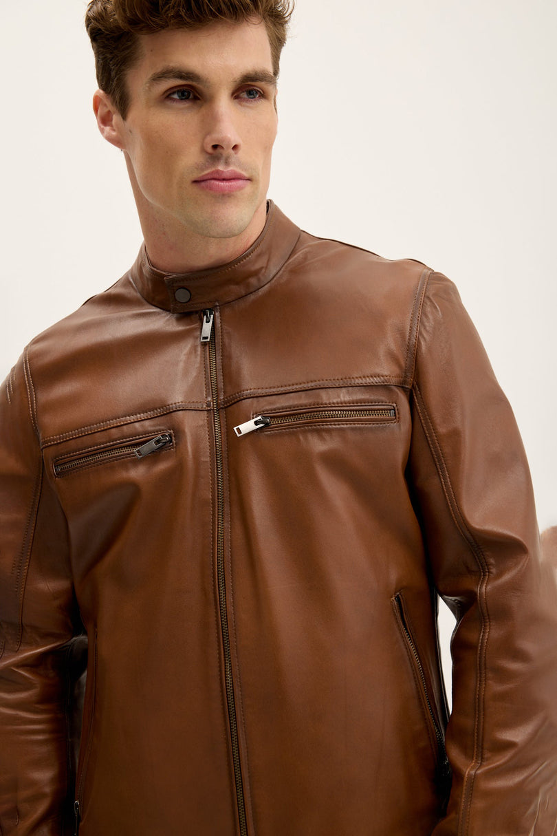 Men's Mandarin Collar Leather Motorcycle Jacket - Brown Tint | Ron Tomson