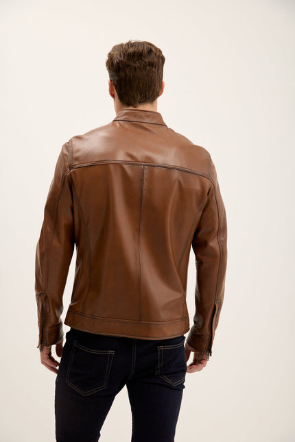 Men's Mandarin Collar Leather Motorcycle Jacket - Brown Tint | Ron Tomson
