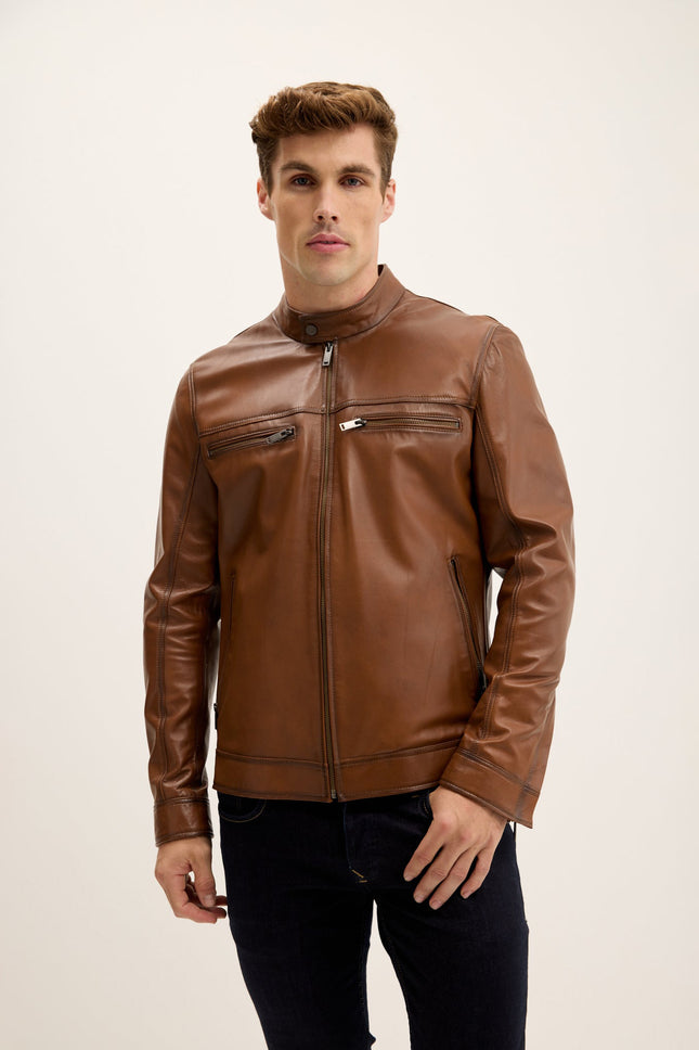 Men's Mandarin Collar Leather Motorcycle Jacket - Brown Tint | Ron Tomson
