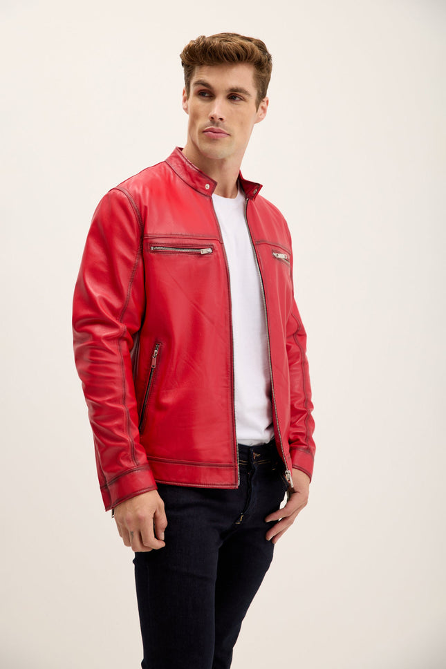 Men's Nappa Lambskin Cafe Racer Jacket - Red Tint | Ron Tomson