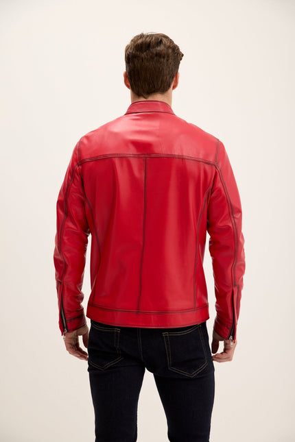 Men's Nappa Lambskin Cafe Racer Jacket - Red Tint | Ron Tomson