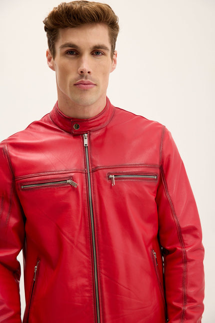 Men's Nappa Lambskin Cafe Racer Jacket - Red Tint | Ron Tomson