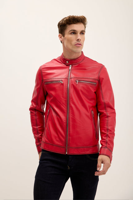 Men's Nappa Lambskin Cafe Racer Jacket - Red Tint | Ron Tomson