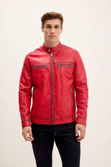 Men's Nappa Lambskin Cafe Racer Jacket - Red Tint | Ron Tomson
