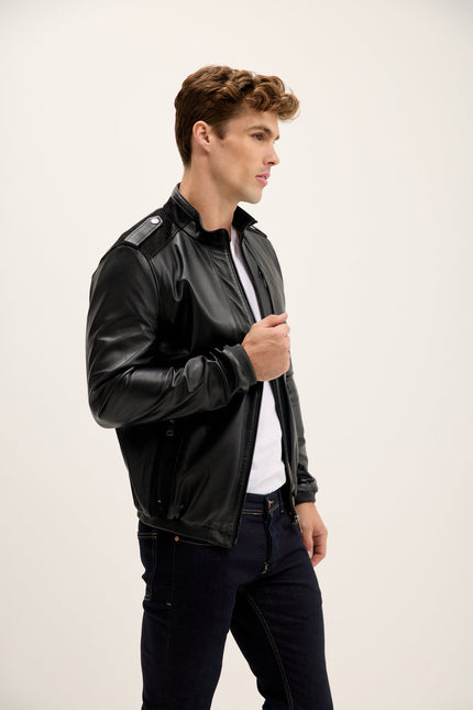 Men's Nappa Lambskin Epaulette Bomber Jacket - Black | Ron Tomson