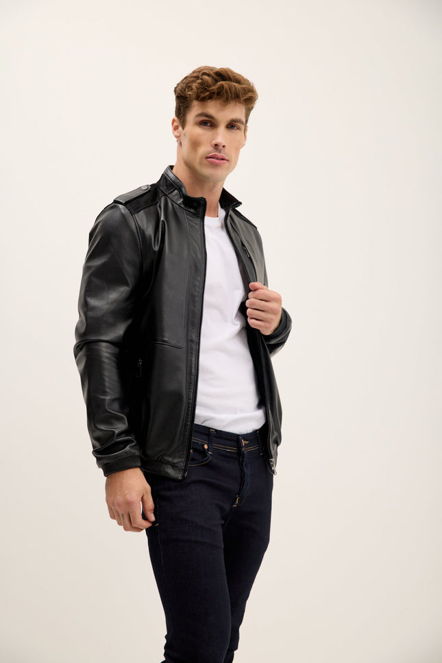 Men's Nappa Lambskin Epaulette Bomber Jacket - Black | Ron Tomson