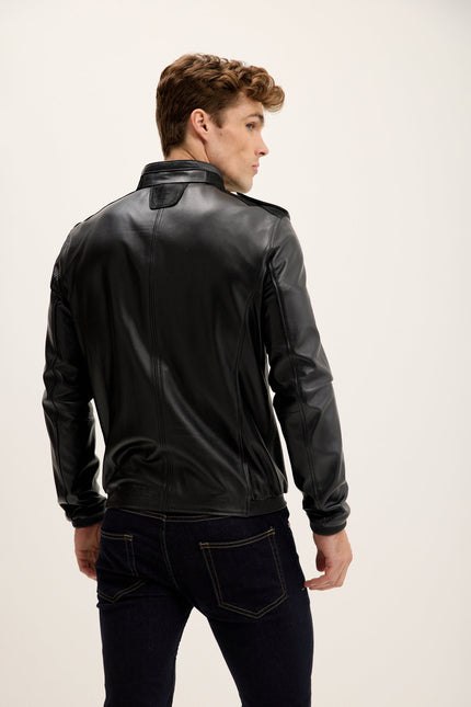 Men's Nappa Lambskin Epaulette Bomber Jacket - Black | Ron Tomson