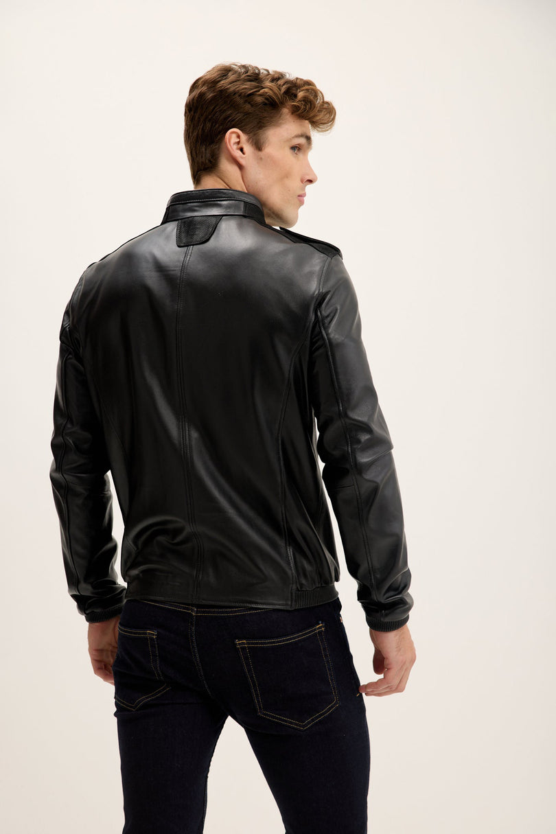 Men's Nappa Lambskin Epaulette Bomber Jacket - Black | Ron Tomson