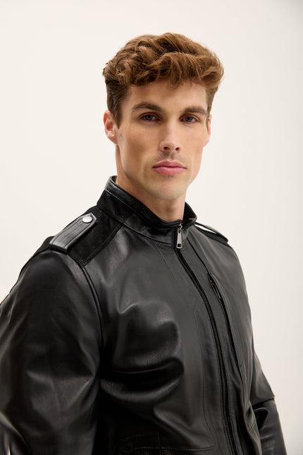 Men's Nappa Lambskin Epaulette Bomber Jacket - Black | Ron Tomson