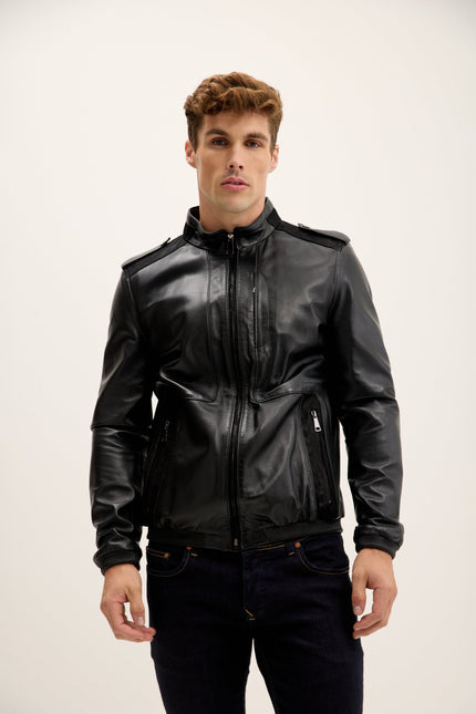 Men's Nappa Lambskin Epaulette Bomber Jacket - Black | Ron Tomson