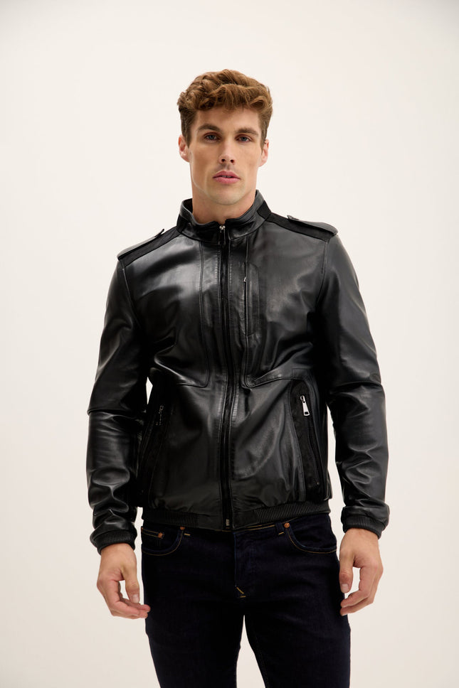 Men's Nappa Lambskin Epaulette Bomber Jacket - Black | Ron Tomson