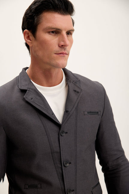 Men's Symmetric Mandarin Collar Blazer - Anthracite | Ron Tomson