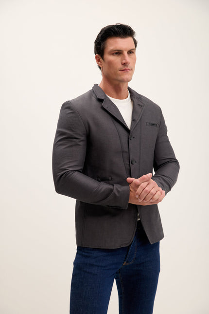 Men's Symmetric Mandarin Collar Blazer - Anthracite | Ron Tomson