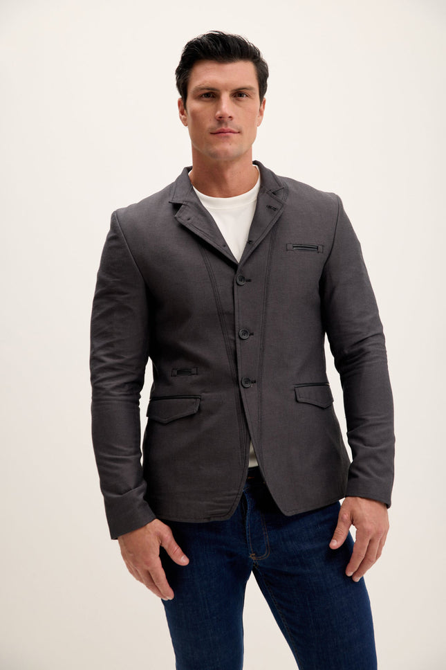 Men's Symmetric Mandarin Collar Blazer - Anthracite | Ron Tomson